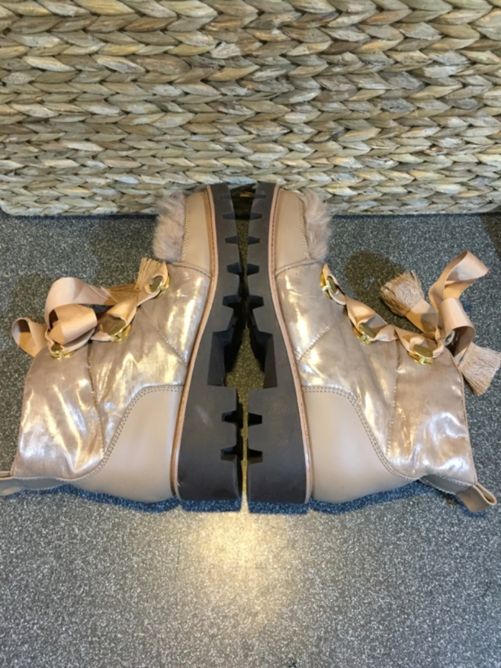 Kelsi Dagger Taupe Faux Fur Ribbon Ankle Booties - Picture 12 of 14